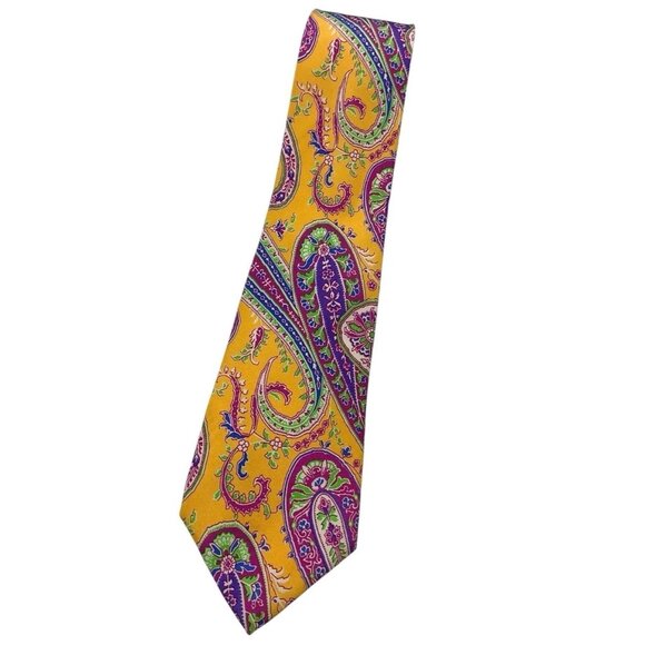 POLO RALPH LAUREN Men's 100% Silk Necktie LUXURY Tie Orange Paisley W:3.6" EUC